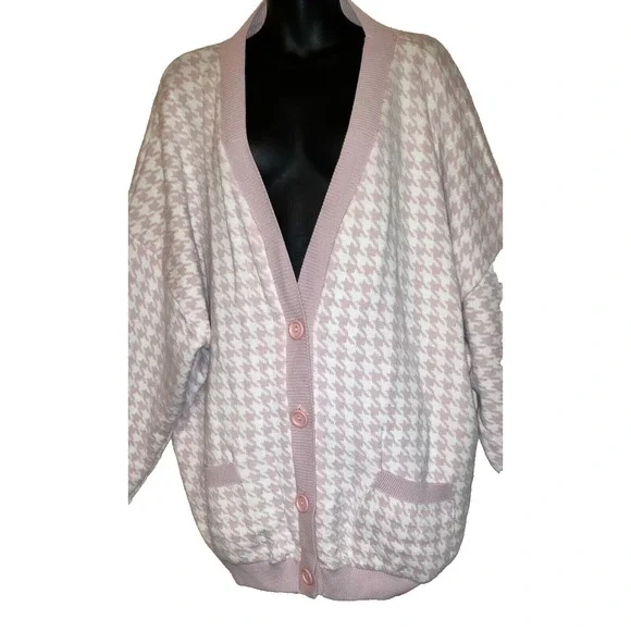 Pink & White Houndstooth Cardigan Sweater BOOHOO Geometric Plus Size 20 NWT - Picture 3 of 13